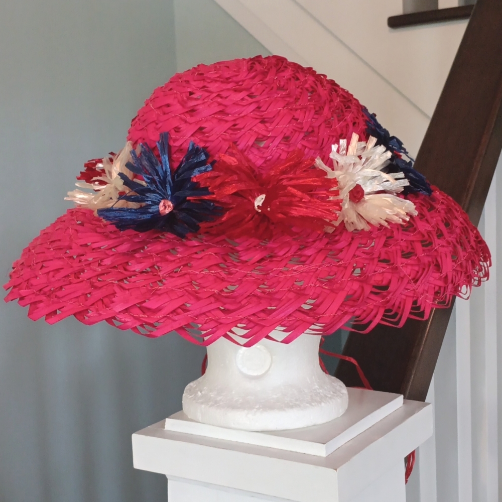 % Raspberry Woven Straw Sun Hat with Floral Accents